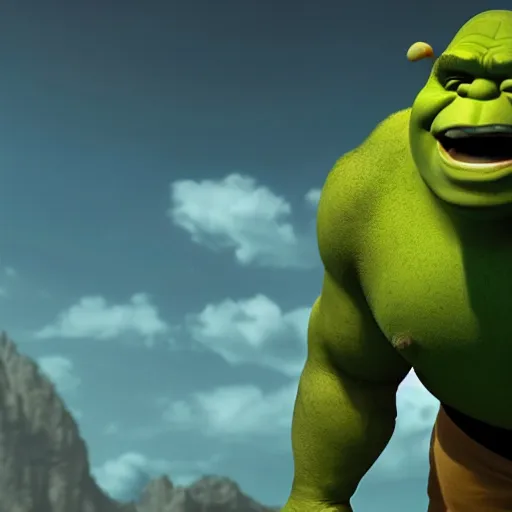 Image similar to shrek as the hulk, wide shot, dramatic lighting, octane render, hyperrealistic, high quality, HD, cinematic