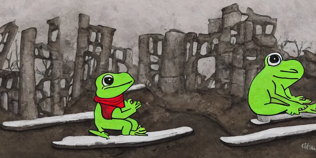 Prompt: pepe the frog snowboarding, gloomy landscape, ruins, painted by christopher radlund