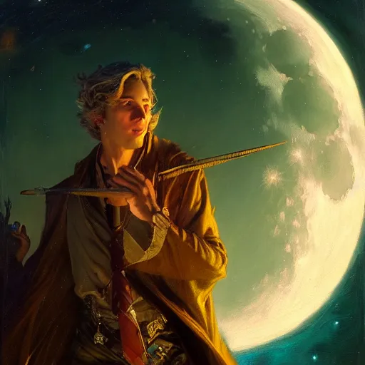Image similar to attractive male wizard magically floating high in the night, fantasy, full moon in background. highly detailed painting by gaston bussiere, craig mullins, j. c. leyendecker, mid shot, 8 k