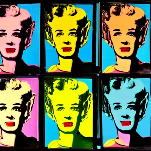 Prompt: 5 0 s cyborg android, 6 panels by andy warhol, with highly contrasted colors and an illuminating background