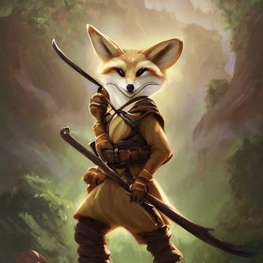 Prompt: cute little anthropomorphic fennec ranger, wielding a bow, tiny, small, short, wizard robe, cute and adorable, pretty, beautiful, dnd character art portrait, matte fantasy painting, deviantart artstation, by jason felix by steve argyle by tyler jacobson by peter mohrbacher, cinema