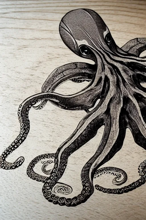 Prompt: a beautiful wood engraving on paper of a defensive octopus, 8 k, frostbite 3 engine, cryengine, dof, trending on artstation, digital art, crepuscular ray