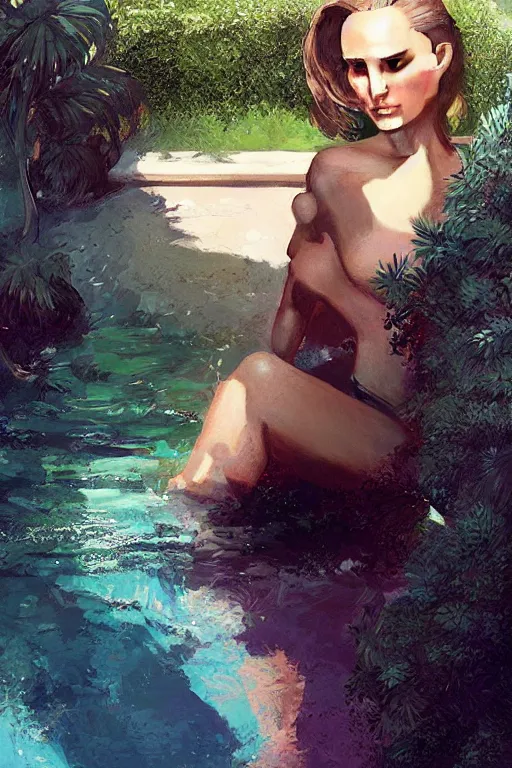 Image similar to Natalie Portman Next to the pool,digital art,ultra realistic,ultra detailed,art by greg rutkowski