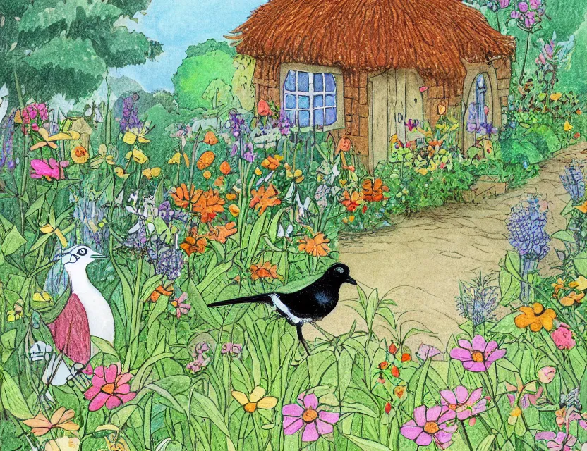 Prompt: magpie in a cottage garden. this drawing by the beloved children's book illustrator has a beautiful composition, interesting color scheme, flat shading.