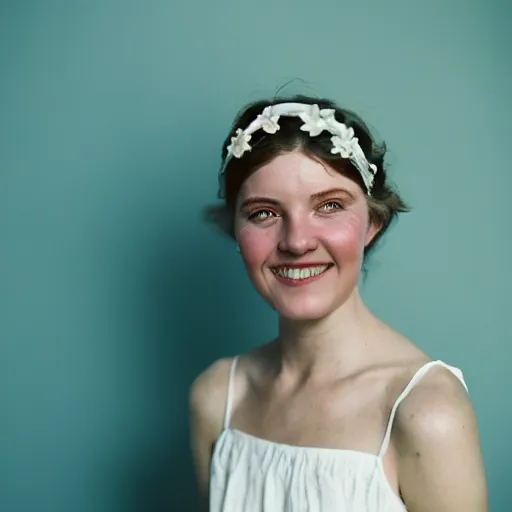 Image similar to a photograph of beautiful nordic woman, wistful smile, wearing a white folkdrakt dress, she has a summer flower headband. against a teal studio backdrop. strong kodak portra 4 0 0 film look. film grain. cinematic. in - focus