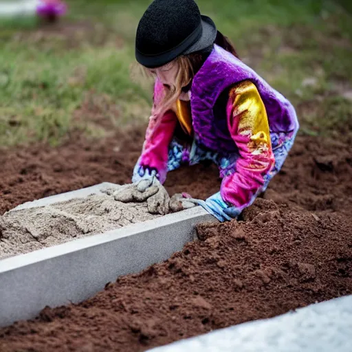 Image similar to A girl digs a grave to bury a creepy dead clown, dramatic, horror