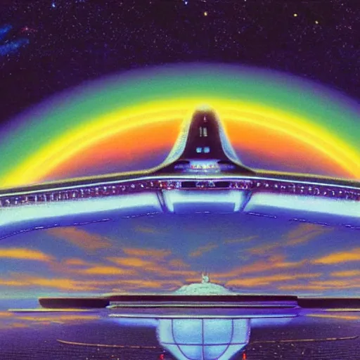 Image similar to floating holographic krang spaceship floating underneath rainbow gate bridge, art by bruce pennington, cinema still, film grain