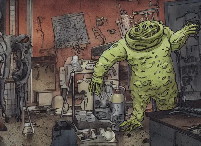 Prompt: a huge horrific blobby flesh creature grows out of control in a grungy science lab, horror movie scene, a man in a hazmat suit watches helplessly