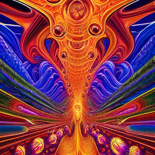 Prompt: a beautiful painting of the dmt super highway streaming magical energy throughout the scene by alex grey and android jones, hyper detailed, hd resolution