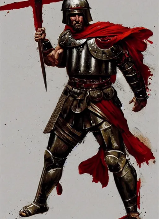 Prompt: muscular roman soldier with sword by simon bisley and greg rutkowski, full body red plate armor! dynamic battle pose, vivid color scheme