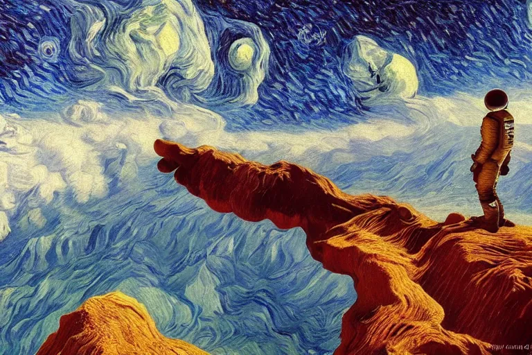 Image similar to an astronaut view from Jupiter, beautiful, national geographic, very detailed, astrophotography, oil painting, canvas, Vincent van Gogh, Caspar David Friedrich, Albert Bierstadt