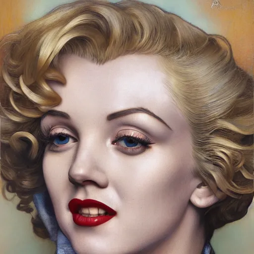 Image similar to Masterpiece head and shoulders portrait of marilyn monroe drawn by Donato Giancola and Tom Bagshaw, Edmund Leighton, Alphonse Mucha, background by James Jean and Gustav Klimt, 4k, porcelain skin, volumetric lighting, komorebi, french nouveau, trending on artstation, octane render, hyperrealistic