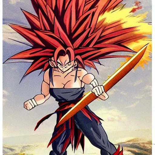 Prompt: saiyan girl, wild spiky red hair, long spiky hair, electrified hair, holding scimitar made of bone, scimitar, sword, jagged sword, curved sword, orkish sword, colorized, gray skin, hyper - detailed, primeval fantasy, prehistoric fantasy, drawn by frank frazetta