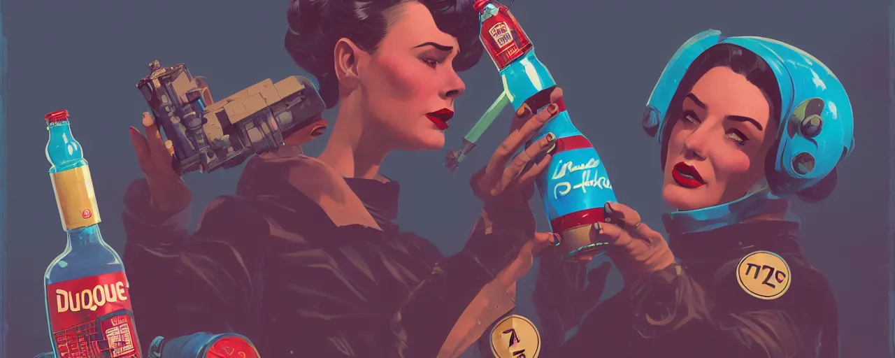 Image similar to duotone noir concept illustration 3 / 4 portrait of vintage female fallout 4 model in retro space suit advertising bottles nuka cola. accidental renaissance. by sachin teng and sergey kolesov and ruan jia and heng z. graffiti art, scifi, fantasy, hyper detailed. octane render. concept art. trending on artstation