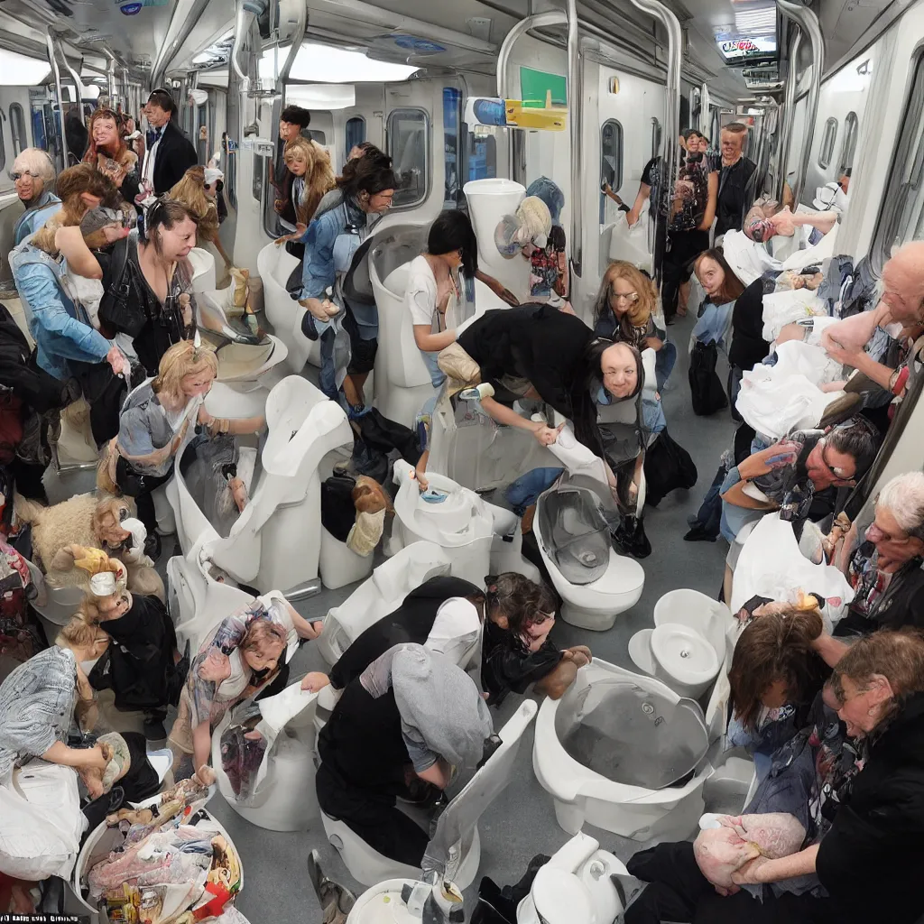 Image similar to people were flushing their cats down the toilet. this was for a charity, unspecified but highly regarded. people were on the train, looking at artefacts from outer space, listening to talk show djs discussing