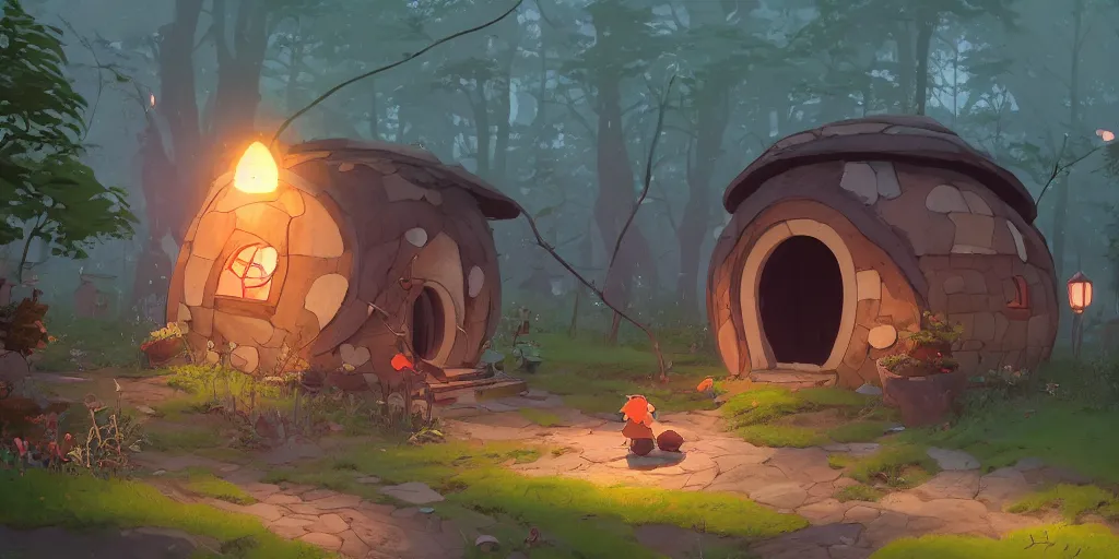 Image similar to small hobbit mushroom houses, red ruff, by cory loftis & akihiko yoshida & james gilleard & atey ghailan & makoto shinkai & goro fujita & studio ghibli, rim light, exquisite lighting, clear focus, magic atmosphere, lights, night, very coherent, plain background, soft painting, photorealistic, unreal engine 5, 4 k