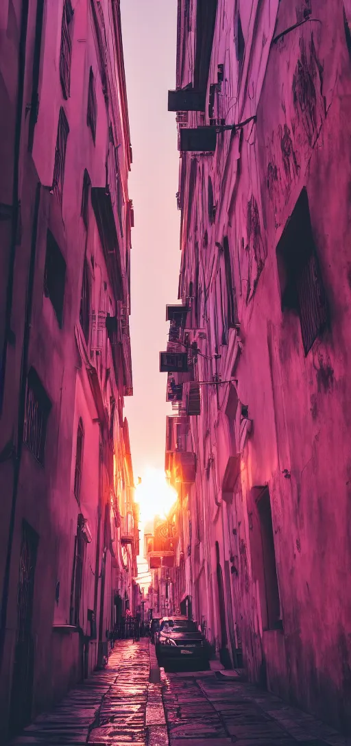 Prompt: a street photograph, pink sunset, dramatic lighting