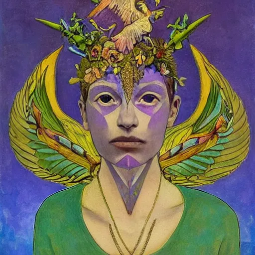 Image similar to the bone crown, the crown of wings, by Annie Swynnerton and Nicholas Roerich and Diego Rivera, bioluminescent skin, tattoos, wings made out of flowers, elaborate costume, geometric ornament, symbolist, cool colors like blue and green and violet, smooth, sharp focus, extremely detailed