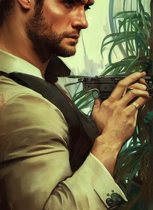 Image similar to portrait of henry cavill as james bond, key art, palm trees, vintage aston martin, highly detailed, digital painting, artstation, concept art, cinematic lighting, sharp focus, illustration, by gaston bussiere alphonse mucha