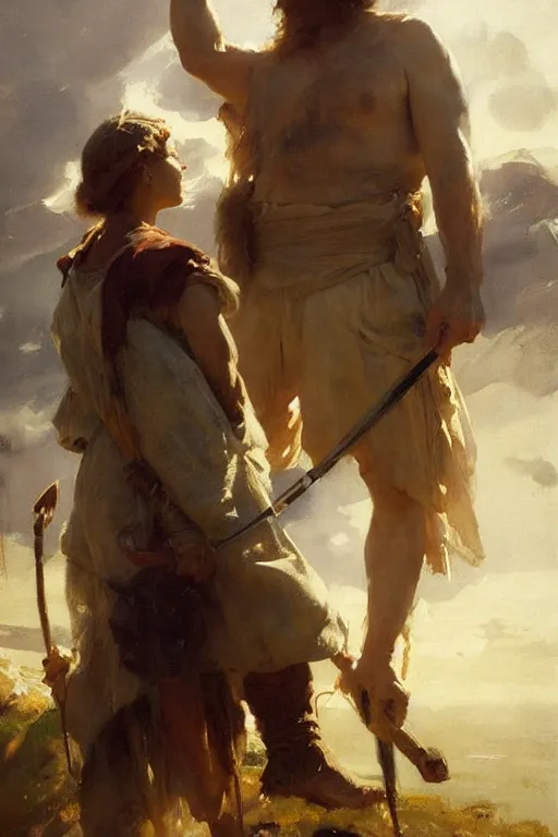 Image similar to portrait david and goliath by anders zorn, wonderful masterpiece by greg rutkowski, beautiful cinematic light, american romanticism by greg manchess, jessica rossier