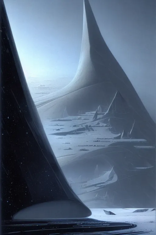 Prompt: emissary space by author haas and bruce pennington and john schoenherr, cinematic matte painting on planet hoth, zaha hadid building, 8 k, dark moody monochrome color palate