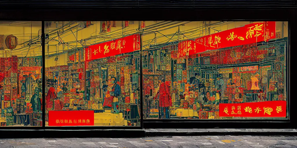 Prompt: a shop window in hong kong, by dan mumford and peter doig and edward hopper, minimal, black in, thick black lines highly detailed, muted colours, overlaid with chinese adverts, 8 k