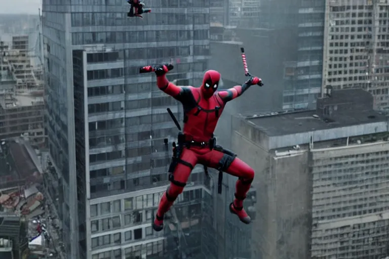 Image similar to Deadpool leaps off helicopter and smashes through high rise window by Emmanuel Lubezki