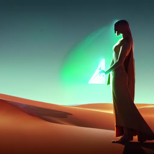 Image similar to big angular translucent crystal in the desert, reflection from the crystal is sparkling due to sun, small retro starship is near, futuristic hi-tech details, art by anthony macbain + greg rutkowski + alphonse mucha, concept art, 4k, sharp focus, cinematic render unreal engine