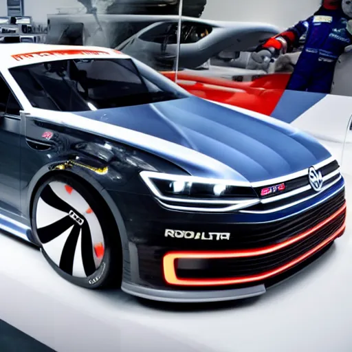 Prompt: a volkswagen concept racecar with agressive design in a showroom