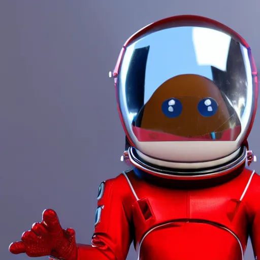 Image similar to a red suit astronaut shaped like a bean with a blue visor render nano cyber high detail high tech octane 4 k