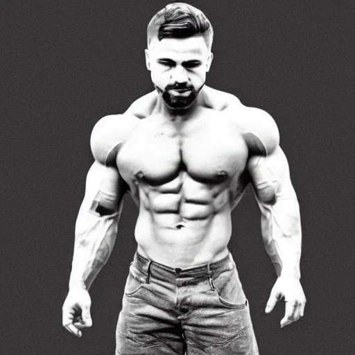 Image similar to Minecraft Steve is a jacked muscle builder gigachad, grayscale photography