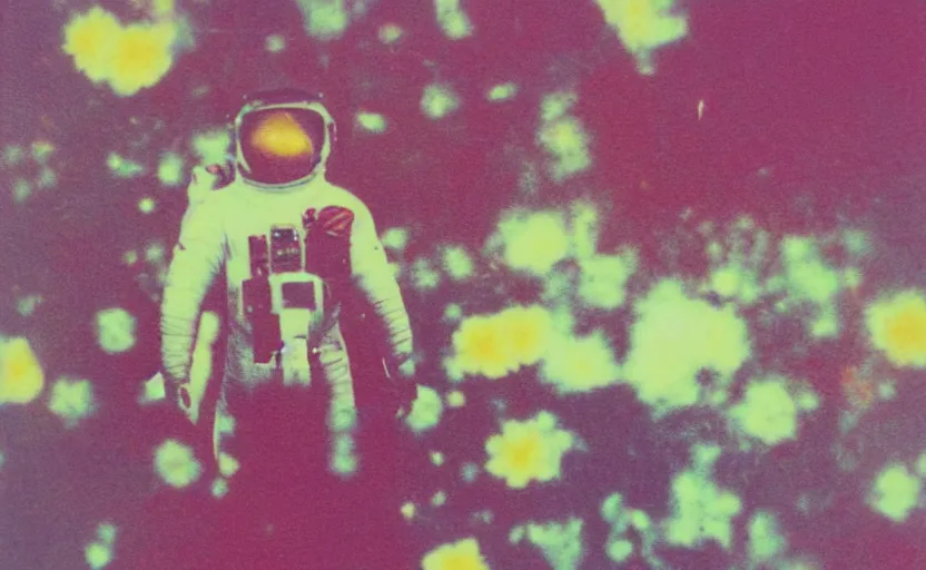 Prompt: analog folded polaroid of an astronaut seen from behind, standing in a field full of colourful flowers, color bleed