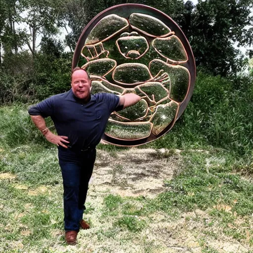 Prompt: Alex Jones stepping through an interdenominational portal to his home planet of frog people