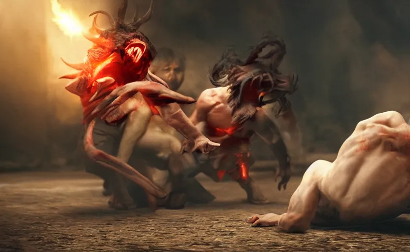 Prompt: hyperrealistic photo of Jesus Christ fighting red-skinned Satan devil demon Lucifer hellspawn in the face on the floor, 8k cinematic, epic fight scene, stunning composition, DSLR focus on the subjects