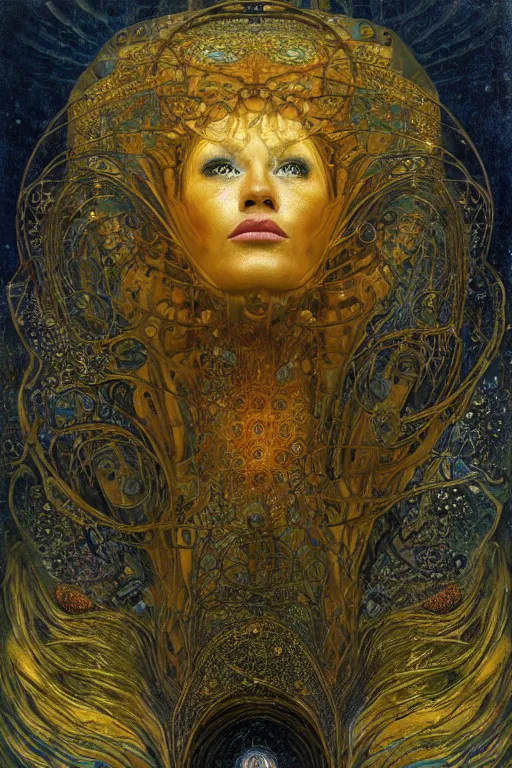 Image similar to Machinery of Fate by Karol Bak, Jean Deville, Gustav Klimt, and Vincent Van Gogh, enigma, otherworldly, fractal structures, prophecy, ornate gilded medieval icon, third eye, spirals