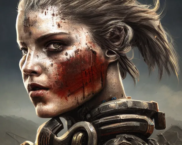 Prompt: close up symmetrical portrait photo of an armored beautiful female warrior in, in post apocalyptic wasteland. art by greg rutkowski. highly detailed 8 k. vibrant. bright. intricate. lifelike. soft light. nikon d 8 5 0.