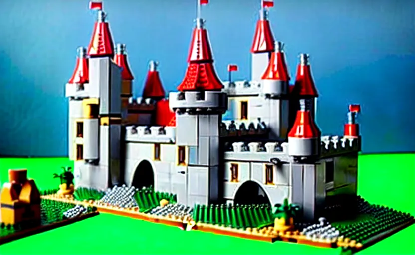 Prompt: a realistic detailed accurate Lego set of a medieval French castle on a green hill