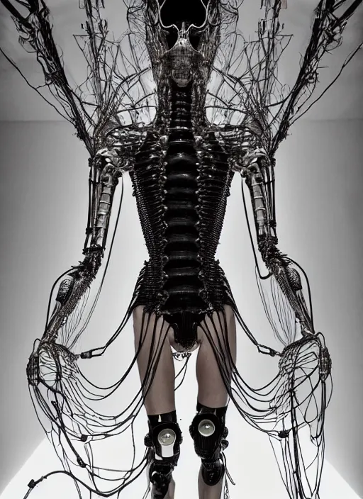 Prompt: walking down the catwalk, steven klein, show, stage, vogue photo, podium, fashion show photo, historical baroque dress, iris van herpen, beautiful woman, full body shot, masterpiece, inflateble shapes, alien, plant predator, guyver, jellyfish, wires, veins, white biomechanical details, wearing epic bionic cyborg implants, highly detailed