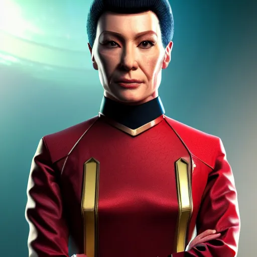 Image similar to Star Trek TNG crew portrait photo, Cyberpunk 2049, highly detailed, photorealistic, Unreal engine, Octane render, Weta digital, HDRP, RTX, volumetric lighting