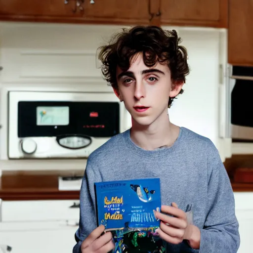 Image similar to timothee chalamet standing in my kitchen and eating a kidz bop cd, 3 5 mm photograph, cursed image, standing menacingly