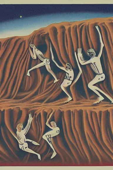 Prompt: A vintage scientific illustration from the 1970s of humans forming caves with their bodies