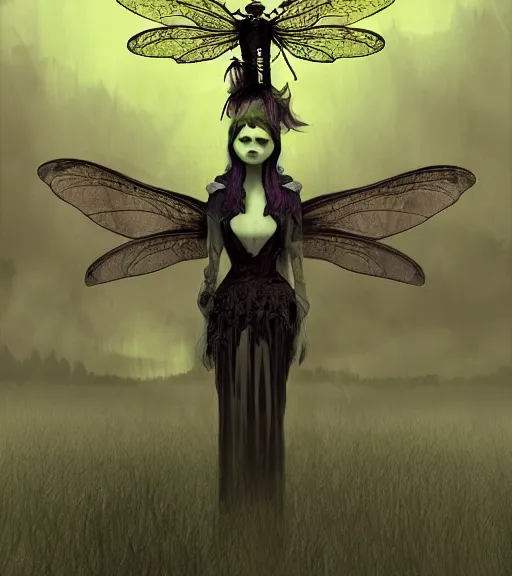 Prompt: gothic fairy with dragonfly wings, digital painting, liminal eerie midnight backlit, a picture taken by Michael Komarck and Karl Simon Gustafsson