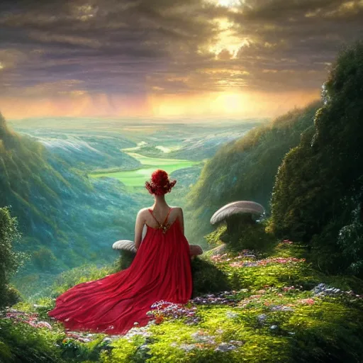 Image similar to an elegant fairy queen in a red lace dress sitting and looking out at a lord of the rings scenery landscape, vast lush valley flowers and giant mushroom structures, river, sunrise, god's rays highly detailed, vivid colour, soft clouds, floral sunset, cinematic lighting, perfect composition, 8 k, gustave dore, derek zabrocki, greg rutkowski, belsinski