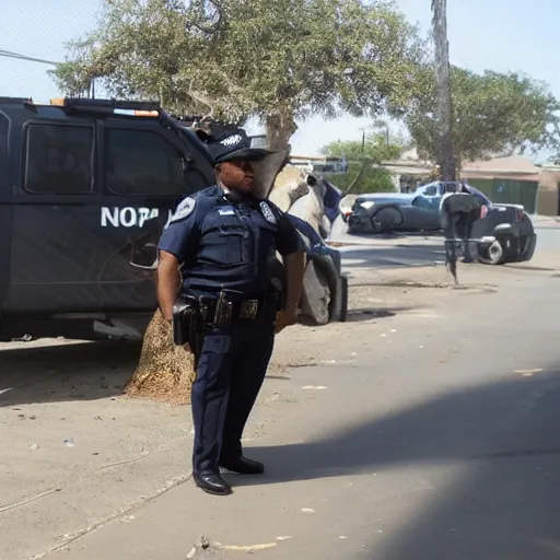 Prompt: a pig cop on patrol in compton