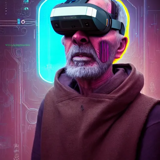 Image similar to Colour Photography of 1000 years old man with highly detailed 1000 years old face wearing higly detailed cyberpunk VR Headset designed by Josan Gonzalez Many details. . In style of Josan Gonzalez and Mike Winkelmann andgreg rutkowski and alphonse muchaand Caspar David Friedrich and Stephen Hickman and James Gurney and Hiromasa Ogura. Rendered in Blender with Minecraft style