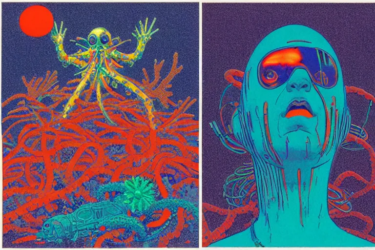 Image similar to risograph grainy drawing vintage sci - fi, satoshi kon color palette, gigantic gundam full - body covered in iridescent dead coral reef 1 9 6 0, kodak, with lot tentacles, natural blue - green colors, codex seraphinianus painting by moebius and satoshi kon and dirk dzimirsky close - up portrait