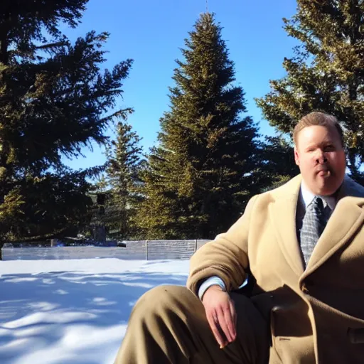 Prompt: Photo of White chubby clean-shaven man wearing a chocolate brown overcoat and necktie is resting under a giant evergreen tree; calm, afternoon, clear sky, windy