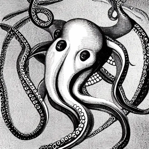 Image similar to MC Escher illustration of an octopus