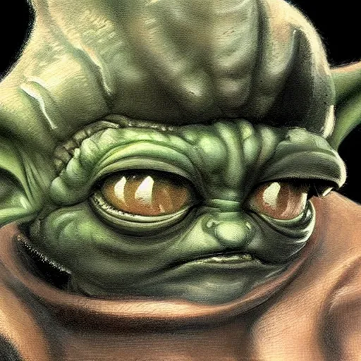 Image similar to detailed painting of a cute baby yoda that looks like a xenomorph, in the style of h r giger and wayne barlowe