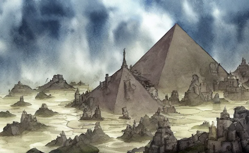 Image similar to a realistic and atmospheric cell - shaded watercolor concept art from howl's moving castle ( 2 0 0 4 ) of a sci - fi city and an egyptian pyramid complex in a flooded rainforest. very dull muted colors, hd, 4 k, hq